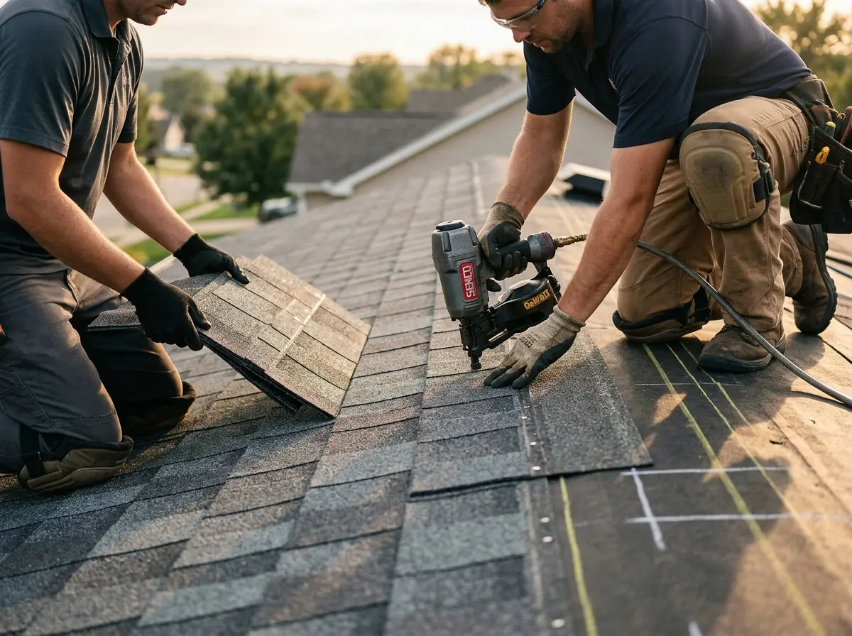 Professional roofer working on a residential roof in Bellair-Meadowbrook Terrace